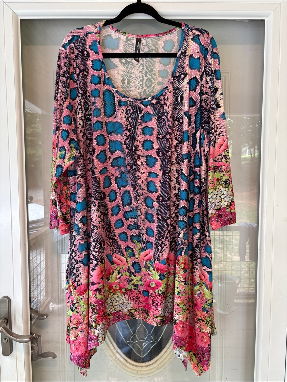 White Mark Pink & Teal Floral Snake-Print Asymmetrical Tunic Dress